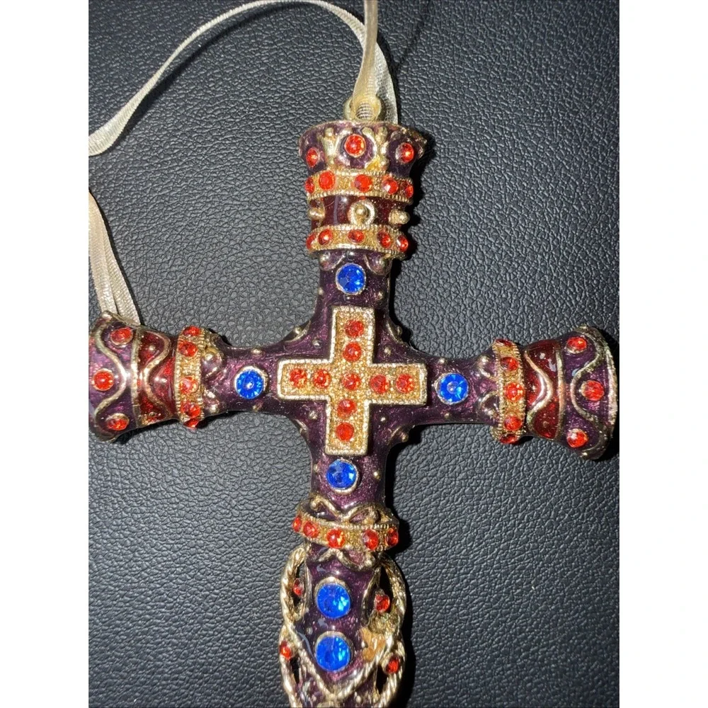 Jeweled Cross Ornament Gold Tone Blue Green Stones Rhinestones 4x5